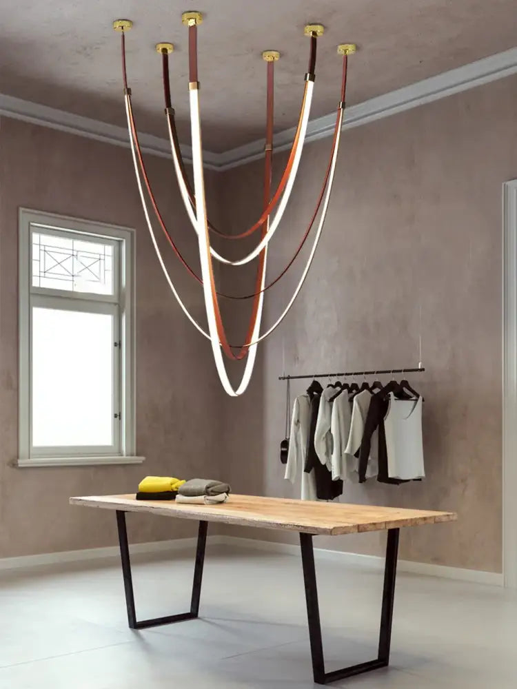 Modern double tiered flexible leather belt led chandelier dining room