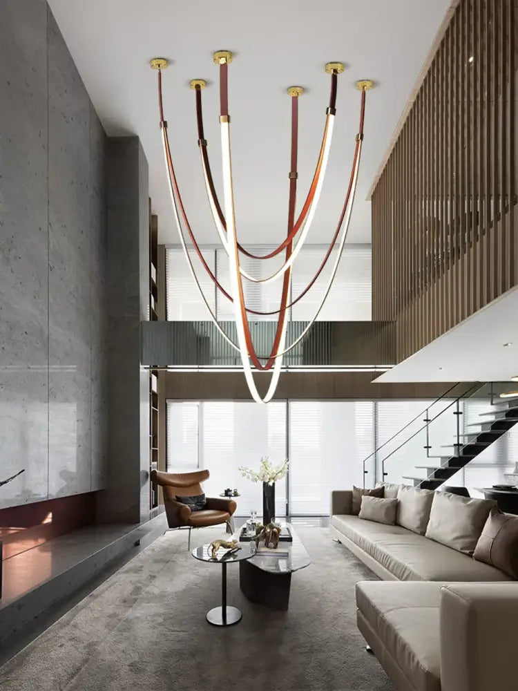 Modern double tiered flexible leather belt led chandelier dining room