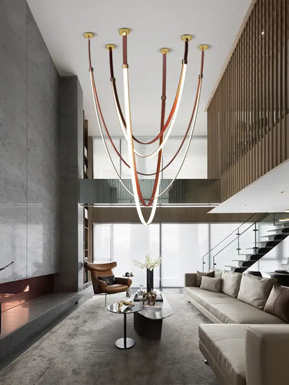 Modern double tiered flexible leather belt led chandelier dining room