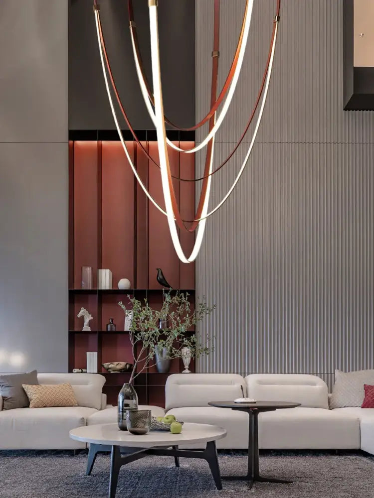 Modern double tiered flexible leather belt led chandelier dining room