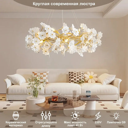 Modern french white flower ceramic chandelier dining room light