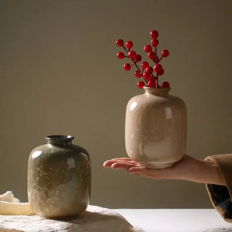 Glossy beige speckled decor ceramic vase living room berry accent