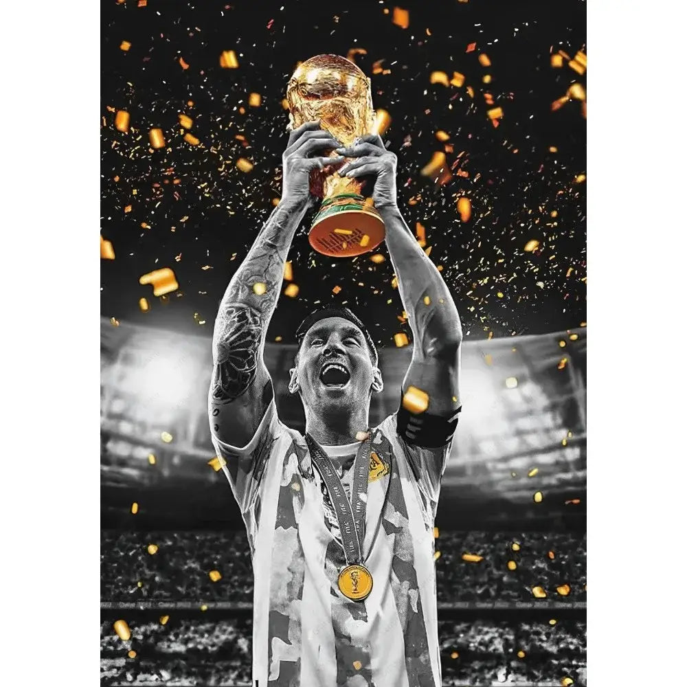 Framed football star m-messi poster golden trophy art bedroom decor