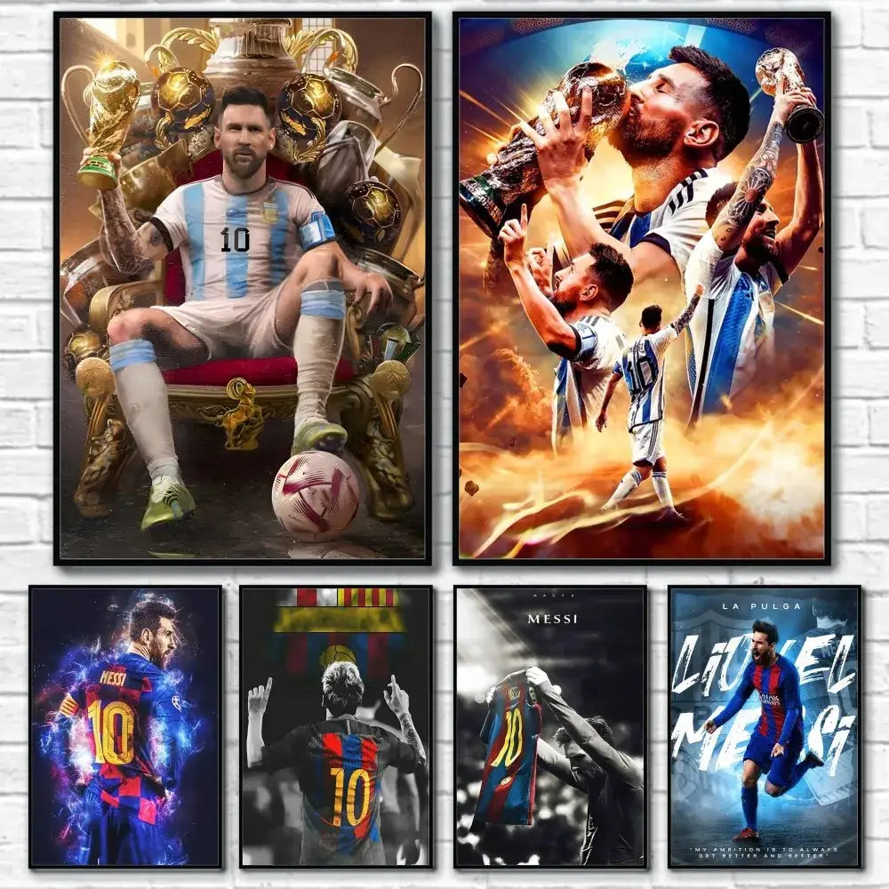 Framed football star m-messi poster golden trophy art bedroom decor