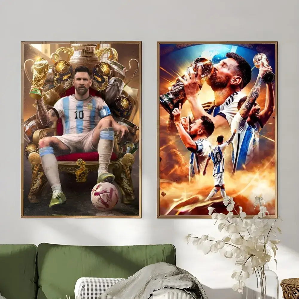 Framed football star m-messi poster golden trophy art bedroom decor