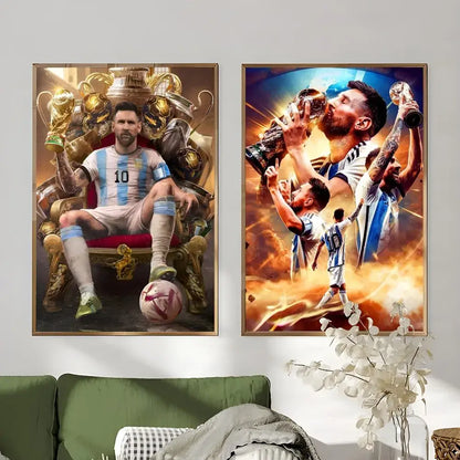 Framed football star m-messi poster golden trophy art bedroom decor