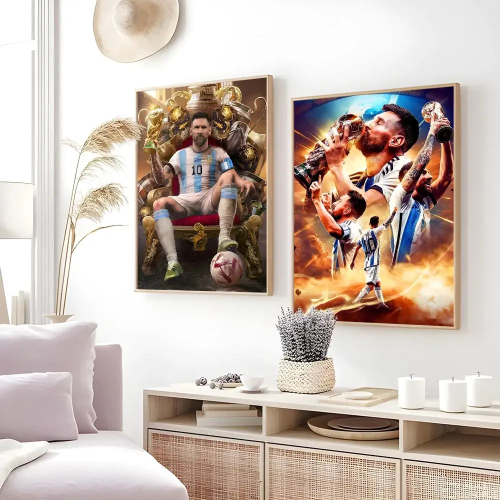 Framed football star m-messi poster golden trophy art bedroom decor
