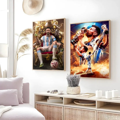 Framed football star m-messi poster golden trophy art bedroom decor