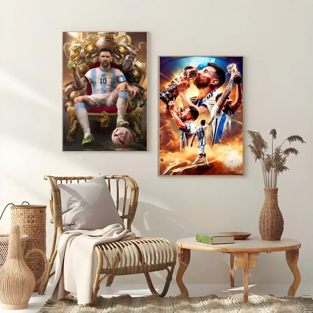 Framed football star m-messi poster golden trophy art bedroom decor
