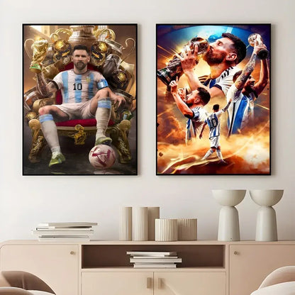 Framed football star m-messi poster golden trophy art bedroom decor