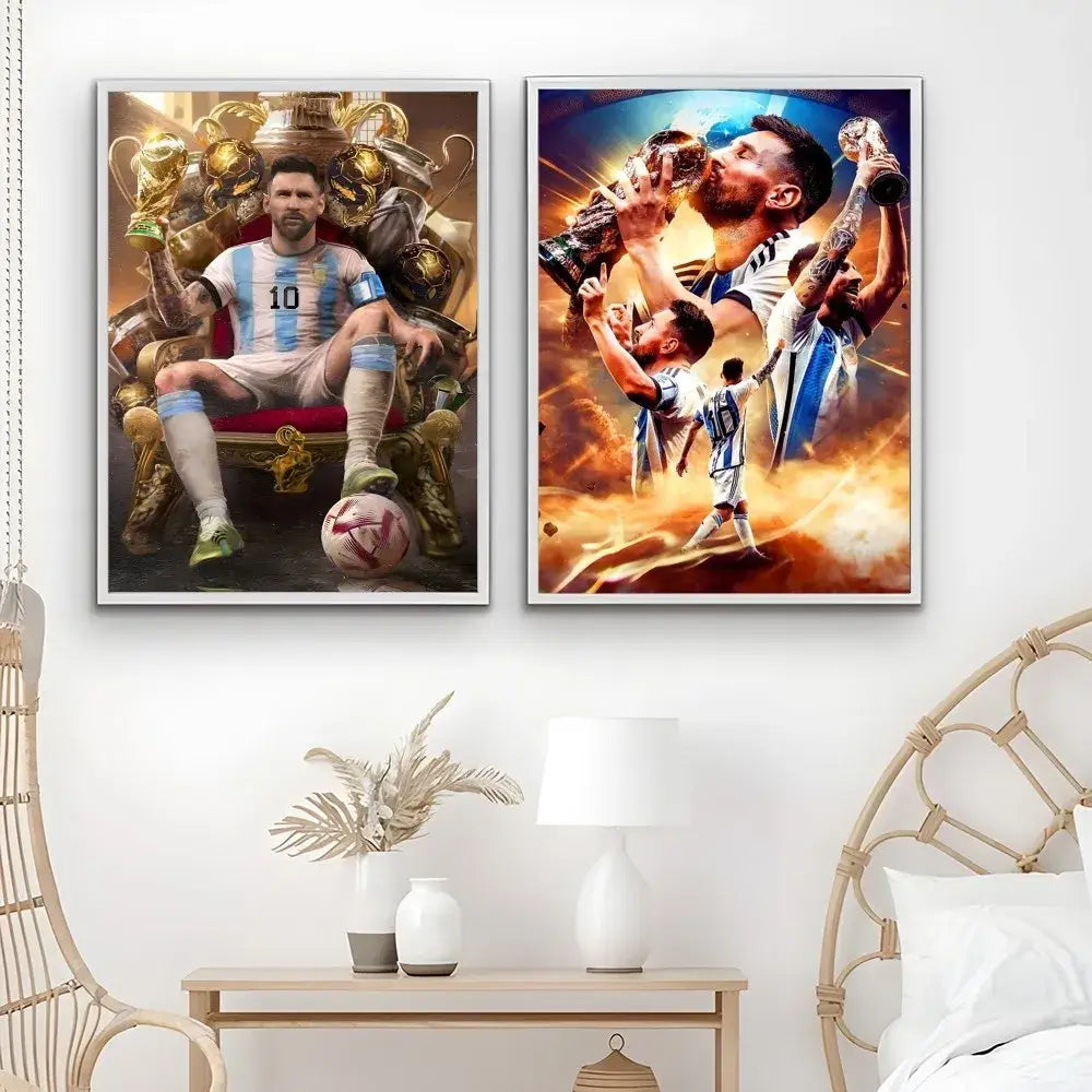 Framed football star m-messi poster golden trophy art bedroom decor
