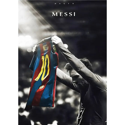 Framed football star m-messi poster golden trophy art bedroom decor