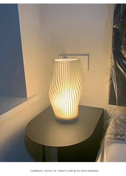 French cream pleated desk lamp for bedroom with wooden base