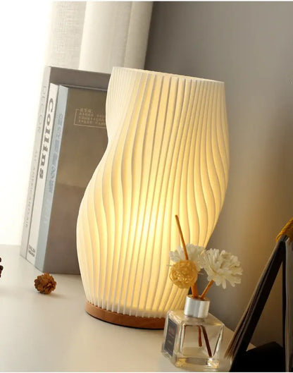 French cream pleated desk lamp for bedroom with wooden base