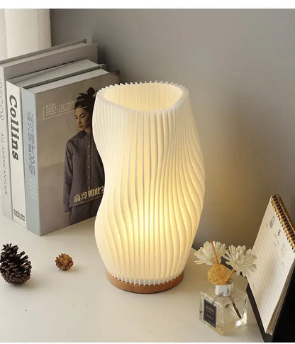 French cream pleated desk lamp for bedroom with wooden base