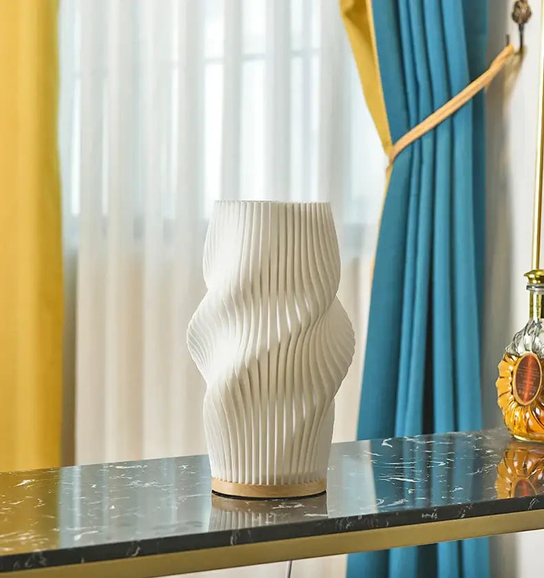 French cream pleated desk lamp for bedroom with wooden base