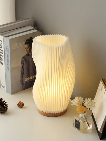 French cream pleated desk lamp for bedroom with wooden base