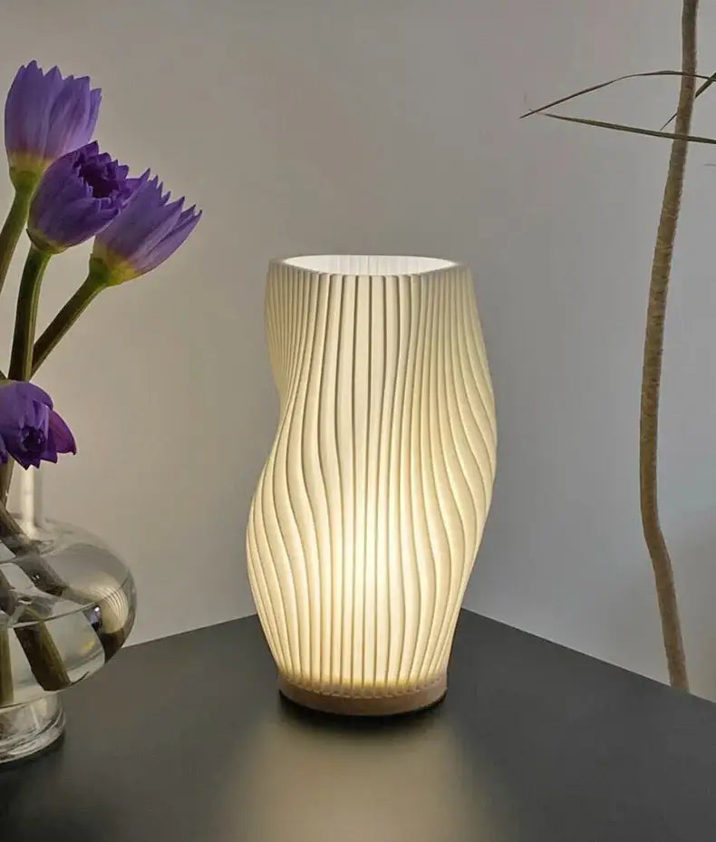 French cream pleated desk lamp for bedroom with wooden base