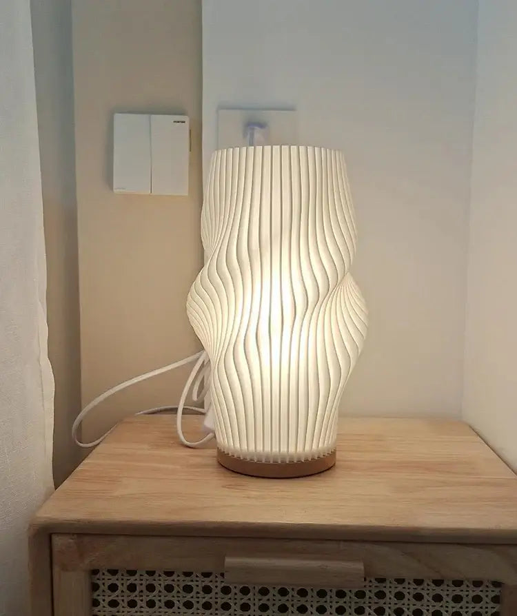 French cream pleated desk lamp for bedroom with wooden base