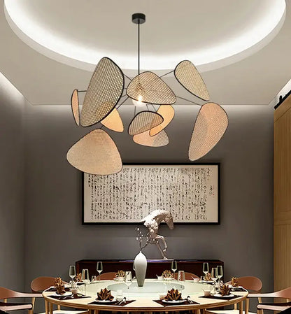 French design natural & tan rattan chandelier dining room pendant light