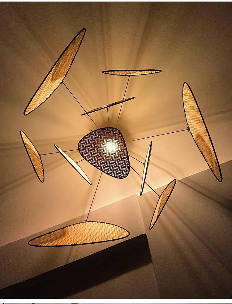 French design natural & tan rattan chandelier dining room pendant light