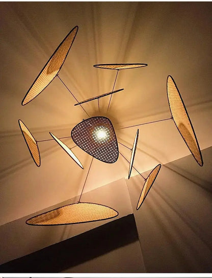 French design natural & tan rattan chandelier dining room pendant light