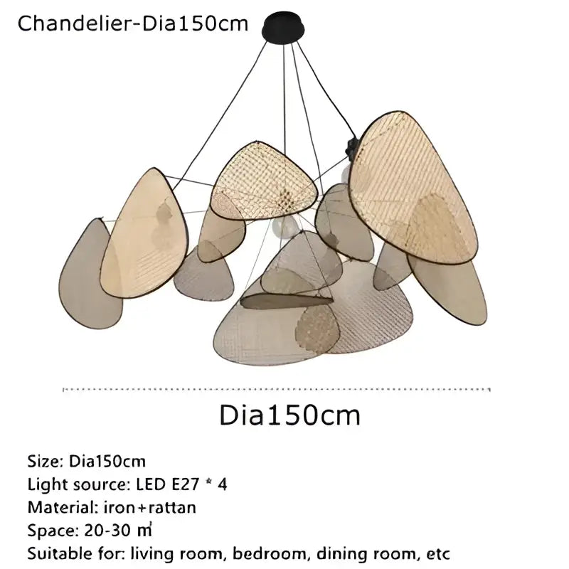 French design natural & tan rattan chandelier dining room pendant light
