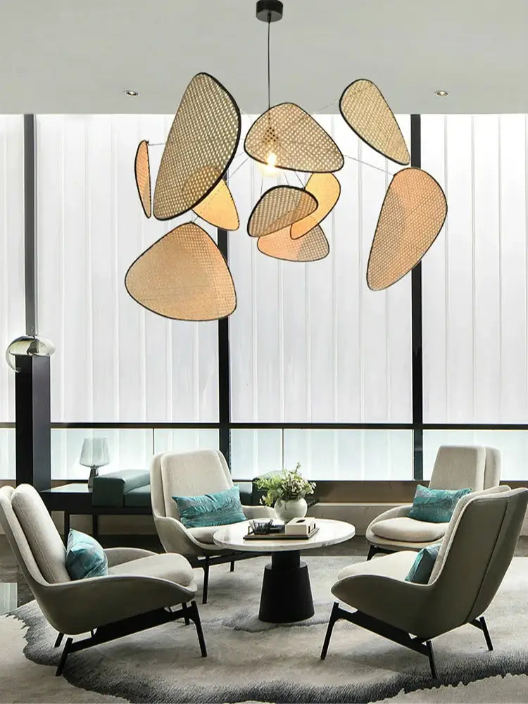 French design natural & tan rattan chandelier dining room pendant light