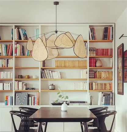 French design natural & tan rattan chandelier dining room pendant light