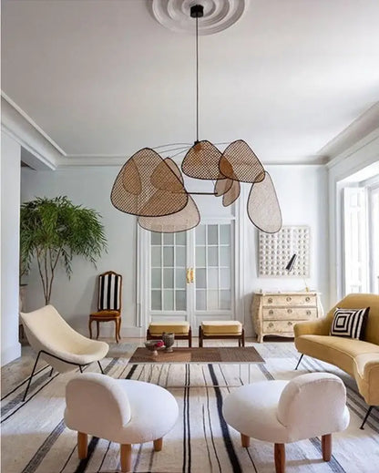 French design natural & tan rattan chandelier dining room pendant light