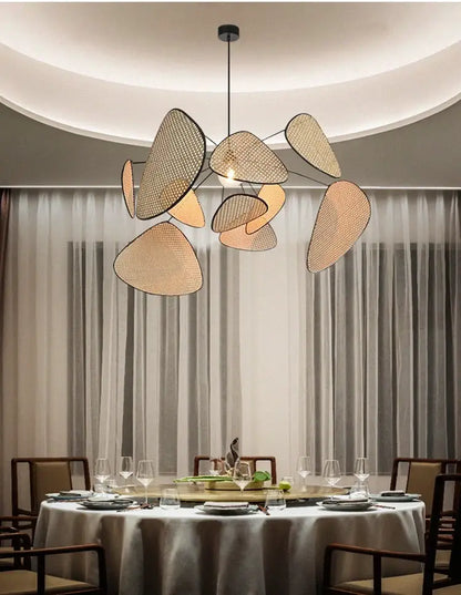 French design natural & tan rattan chandelier dining room pendant light