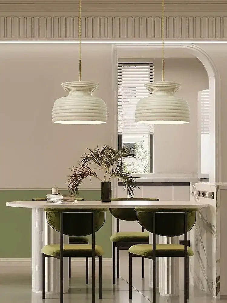 french minimalist off-white ribbed chandelier dining room