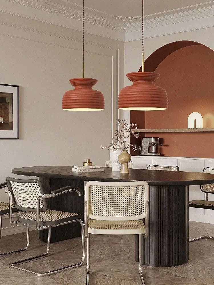 french minimalist off-white ribbed chandelier dining room