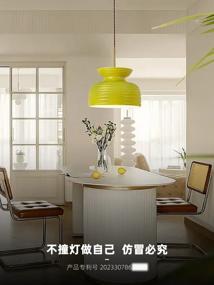 french minimalist off-white ribbed chandelier dining room