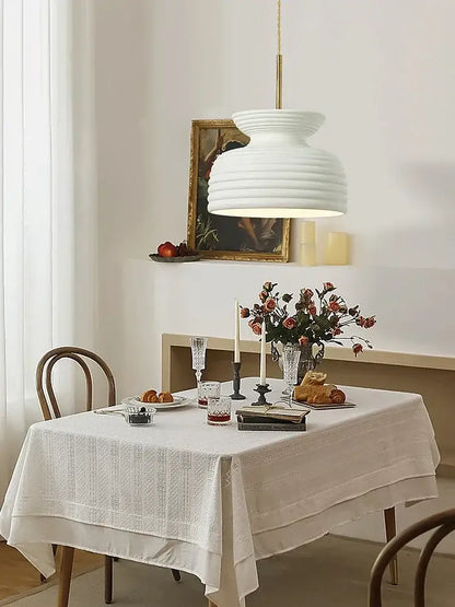 french minimalist off-white ribbed chandelier dining room