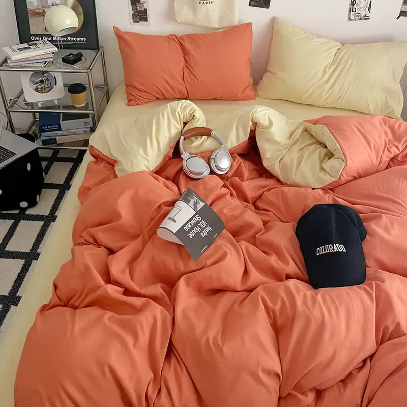 Orange & cream solid color quilt set – bedroom plush comforter