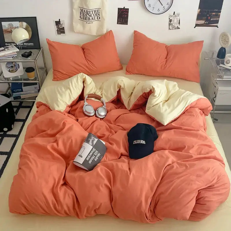 Orange & cream solid color quilt set – bedroom plush comforter