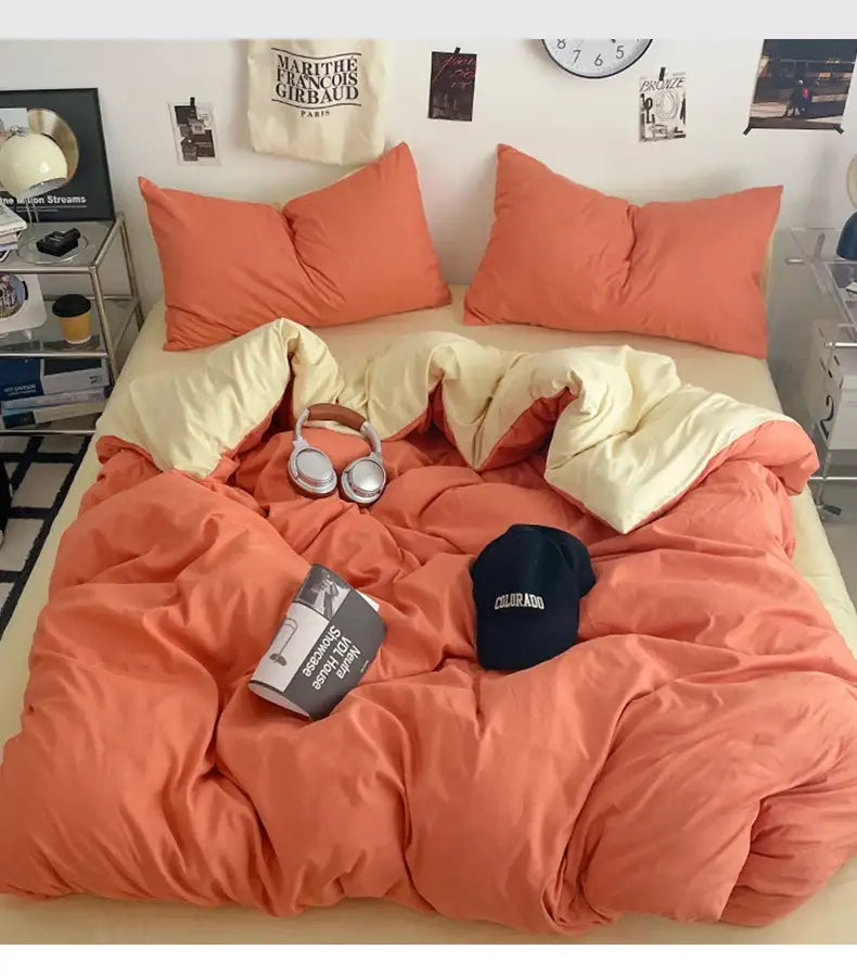 Orange & cream solid color quilt set – bedroom plush comforter