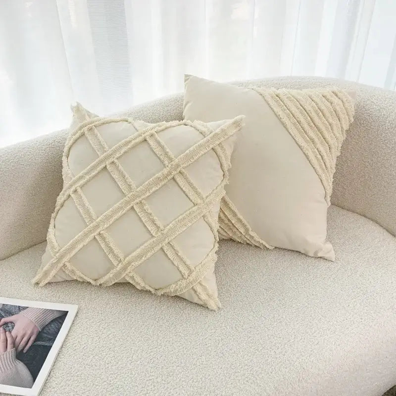 fringed geometry cream embroidered cushion cover living room