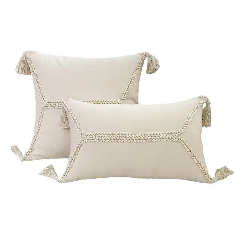 fringed geometry cream embroidered cushion cover living room