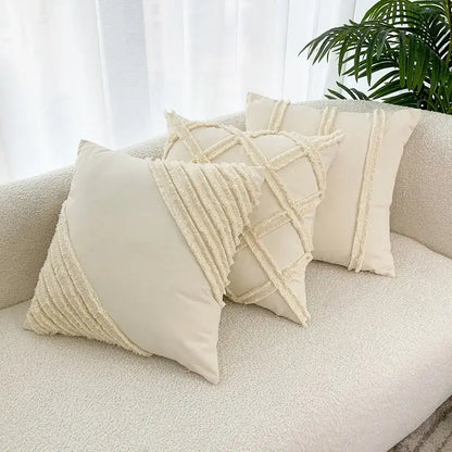 fringed geometry cream embroidered cushion cover living room