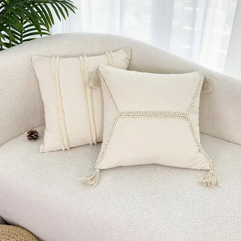 fringed geometry cream embroidered cushion cover living room
