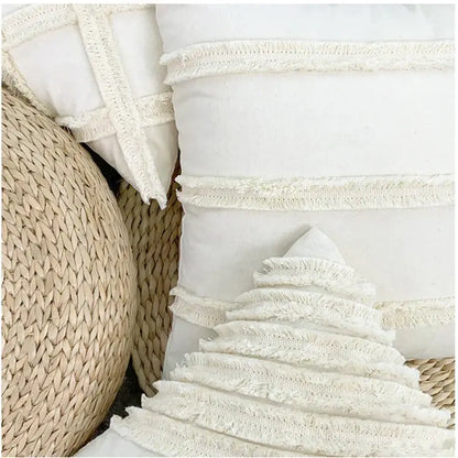 fringed geometry cream embroidered cushion cover living room