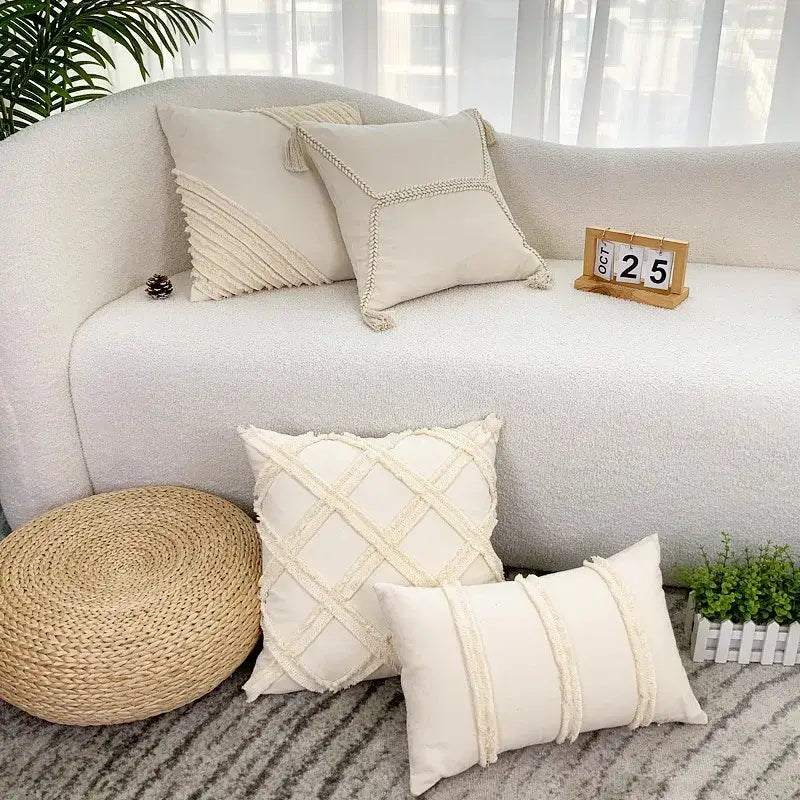 fringed geometry cream embroidered cushion cover living room