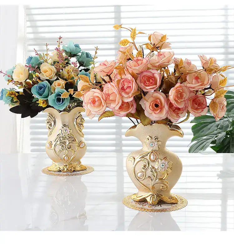 Ornate gold frosted porcelain flower vase set living room decor