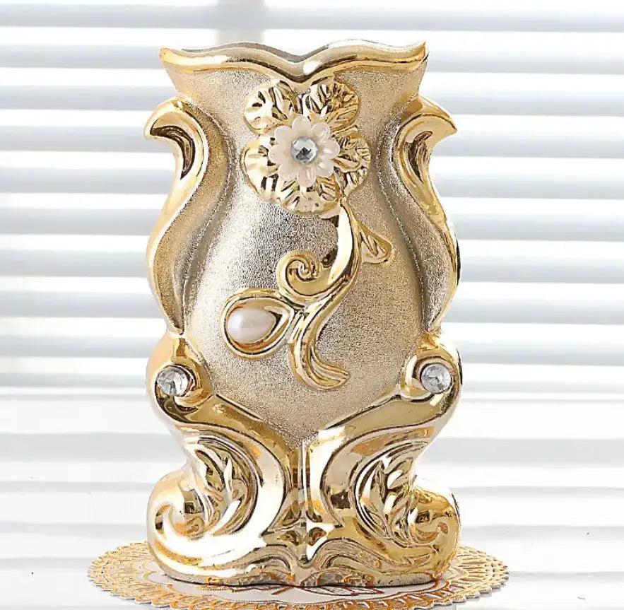 Ornate gold frosted porcelain flower vase set living room decor
