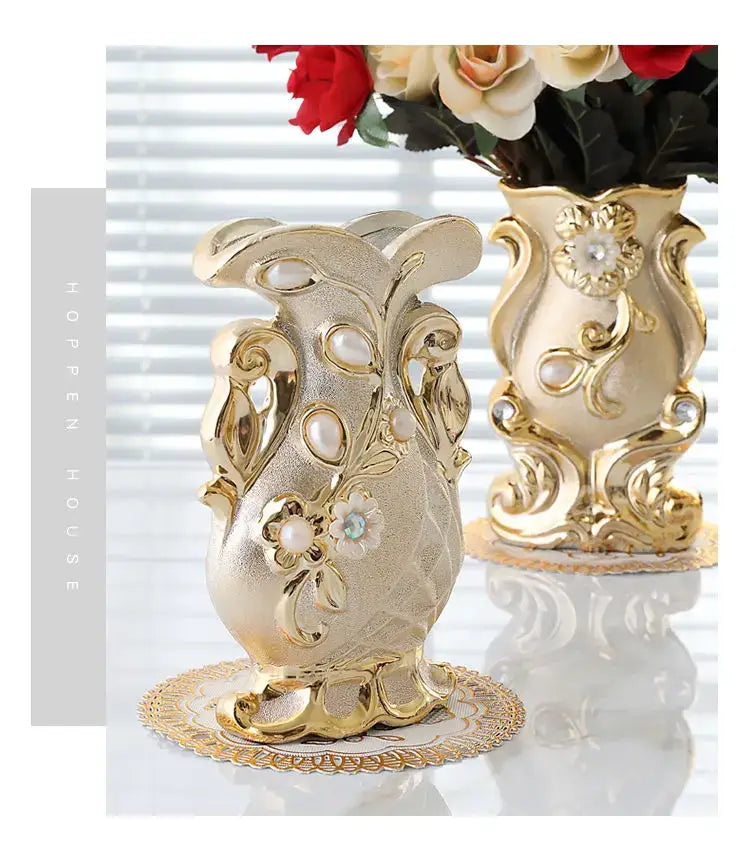 Ornate gold frosted porcelain flower vase set living room decor