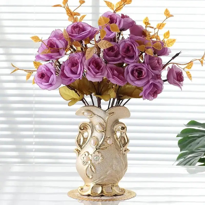 Ornate gold frosted porcelain flower vase set living room decor