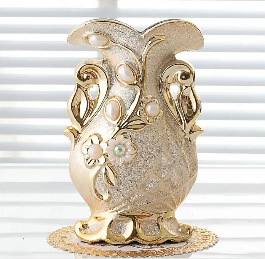 Ornate gold frosted porcelain flower vase set living room decor