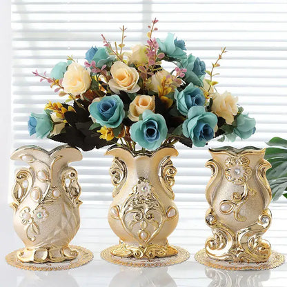 Ornate gold frosted porcelain flower vase set living room decor